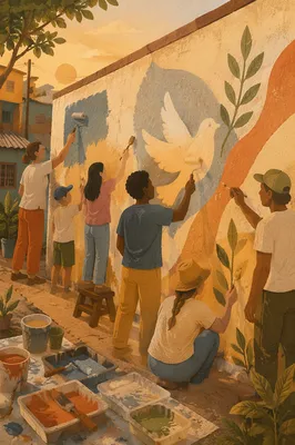 Volunteers Painting Hopeful Community Mural Together