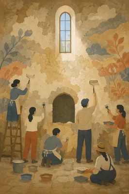 Volunteers Restoring Rustic Community Hall Wall