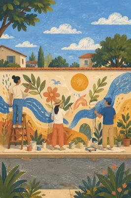 Volunteers Painting a Vibrant Community Mural