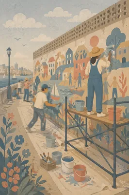 Volunteers Painting Cheerful Waterfront Community Mural