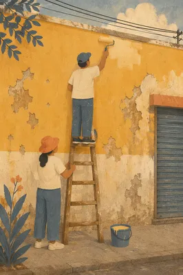 Volunteers Repainting a Weathered Community Wall