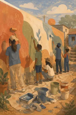 Volunteers Painting a Hopeful Community Mural