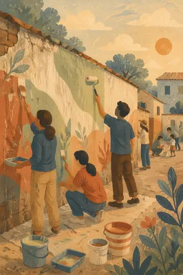 Volunteers Painting a Community Wall Together