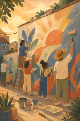 Volunteers Painting Hopeful Community Mural Together