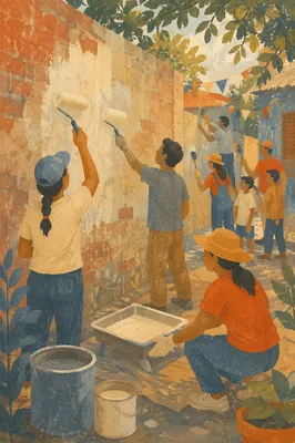 Volunteers Painting a Community Wall Together