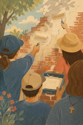 Faith Volunteers Painting Community Wall Together