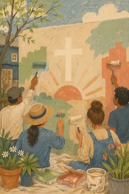 Church Volunteers Painting Community Garden Mural