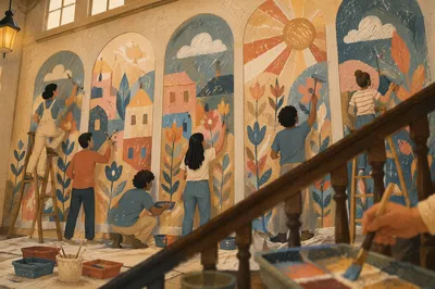 Volunteers Painting a Colorful Community Mural