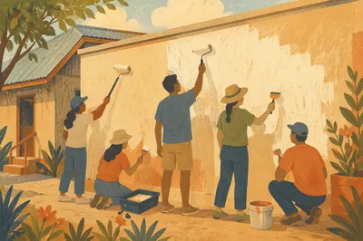 Volunteers Painting Community Wall in Warm Light