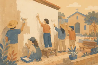 Community Volunteers Painting Chapel Courtyard Wall
