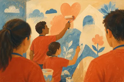 Volunteers Painting a Community Mural Together