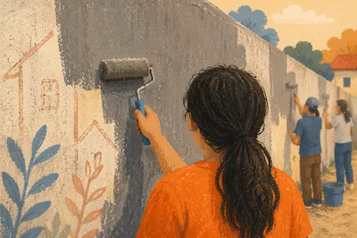 Community Volunteers Painting Neighborhood Wall