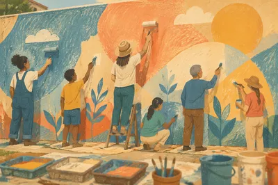 Community Volunteers Painting a Colorful Neighborhood Mural