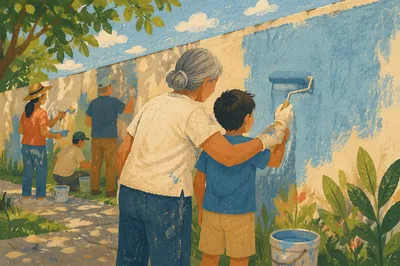 Volunteers Painting Neighborhood Wall Together