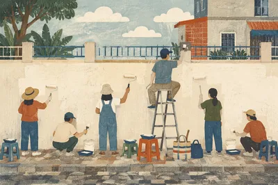 Community Volunteers Painting Neighborhood Wall Together