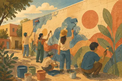 Volunteers Painting Community Wall at Sunset