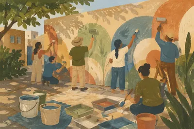 Volunteers Painting Community Mural at Sunset
