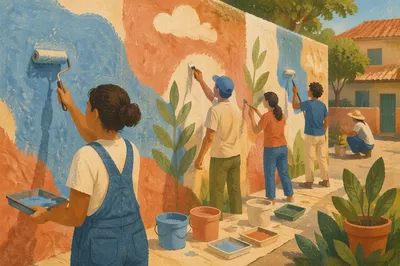 Volunteers Painting Community Wall at Sunset