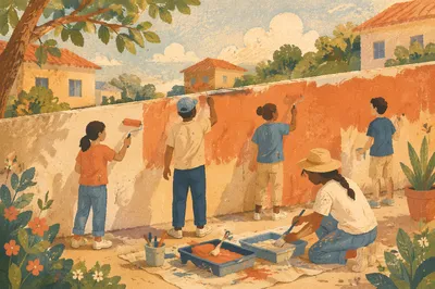 Volunteers Painting Community Wall at Sunset