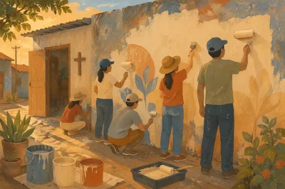 Volunteers Painting Community Wall in Afternoon Light