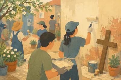 Volunteers Painting Community Wall in Spring