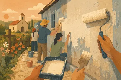 Volunteers Painting Community Chapel Wall Together