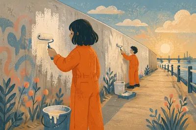Community Volunteers Repainting Riverside Wall Together