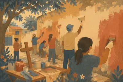 Church Volunteers Painting Community Wall Together