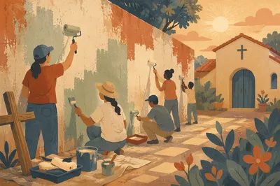 Volunteers Painting Chapel Community Wall Together