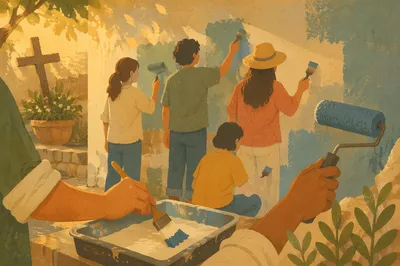 Volunteers Painting Community Wall in Afternoon Light