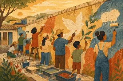 Volunteers Painting Hopeful Community Wall Mural