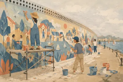 Volunteers Painting Cheerful Waterfront Community Mural