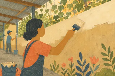 Volunteers Painting a Sunlit Community Wall