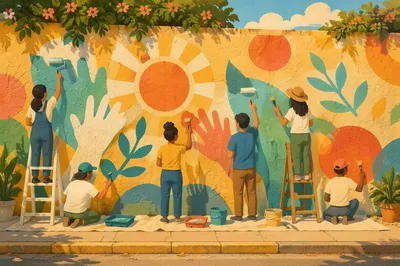 Volunteers Painting a Joyful Community Mural