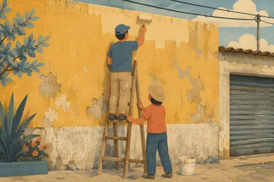 Community Volunteers Repainting a Weathered Neighborhood Wall