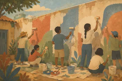 Volunteers Painting a Hopeful Community Mural