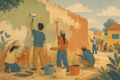 Volunteers Painting a Community Wall Together