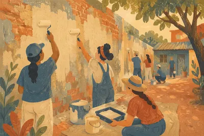 Volunteers Painting a Community Wall Together