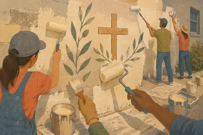 Church Volunteers Painting Community Mural Wall