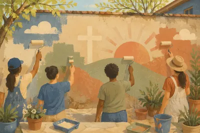 Church Volunteers Painting a Community Garden Mural
