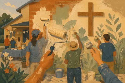 Volunteers Painting Fellowship Hall Wall Together