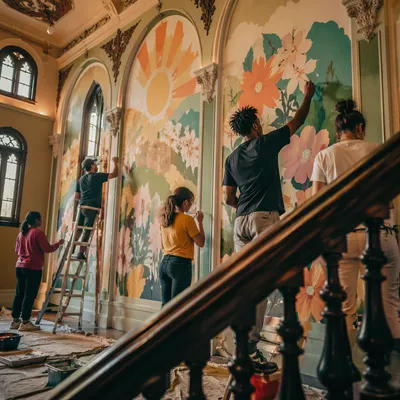 Volunteers Painting a Colorful Community Mural