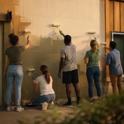 Volunteers Painting Community Fellowship Hall Wall