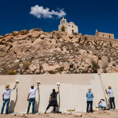 Volunteers Painting Wall Beneath Desert Chapel