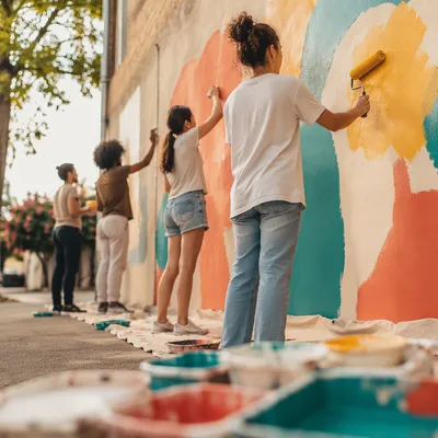 Volunteers Painting a Community Mural Together
