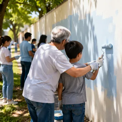 Volunteers Painting a Community Wall Together