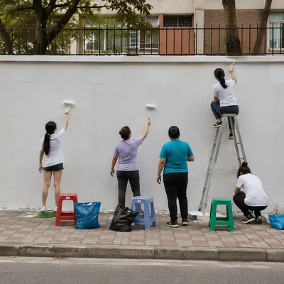 Volunteers Painting a Neighborhood Wall Together