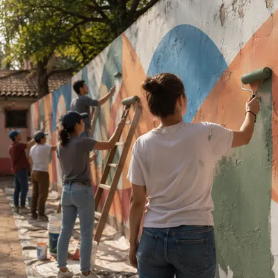 Volunteers Painting a Community Mural Together