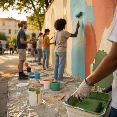 Volunteers Painting Community Wall at Sunset
