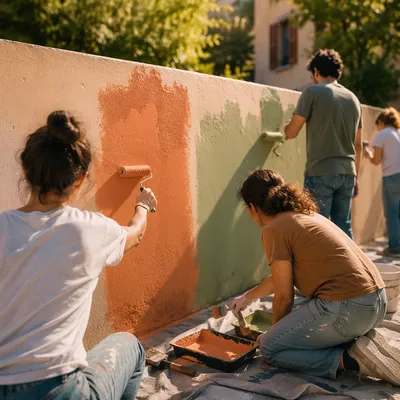 Volunteers Painting Community Wall at Sunset